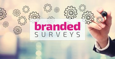 Branded Surveys logo superimposed on man writing on clear whiteboard