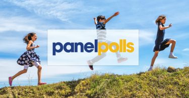 Panelpolls logo superimposed on children running on a hill
