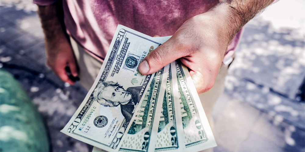 Man holding cash earned from taking surveys