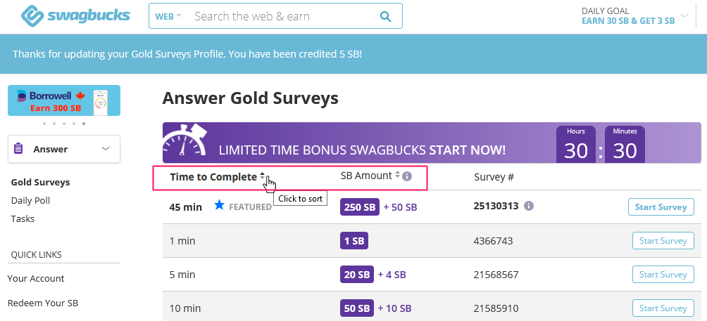 Sorted Swagbucks surveys