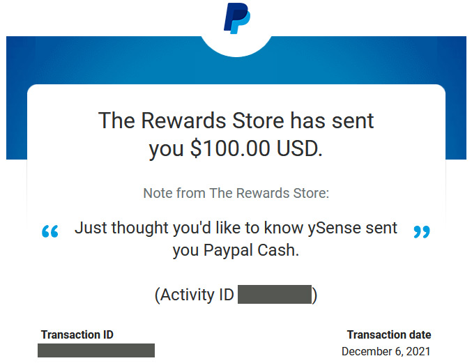 ysense $100 payment proof