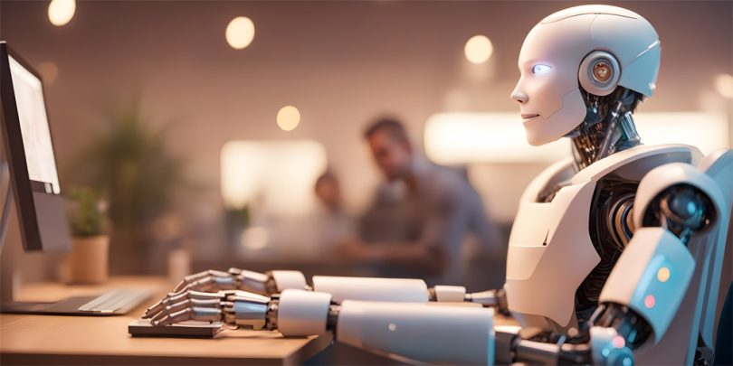 AI robot sitting at computer