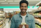 Man at grocery store holding gift card