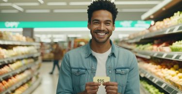 Man at grocery store holding gift card