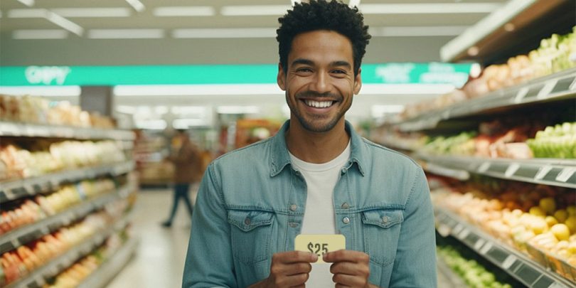 Man at grocery store holding gift card