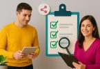 Man and woman in front of clipboard illustrating survey strategies