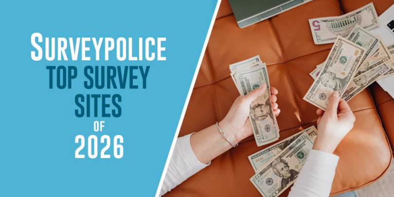 Top survey sites of 2026 with picture of laptop and woman holding cash