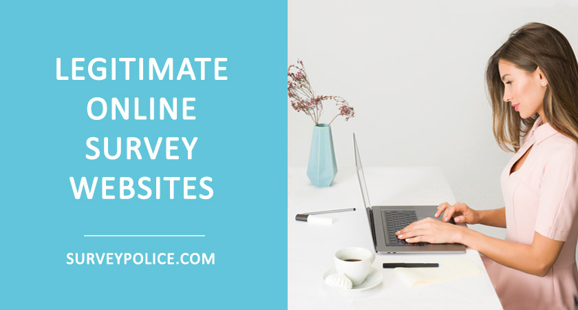 Woman using laptop next to legitimate online survey websites text