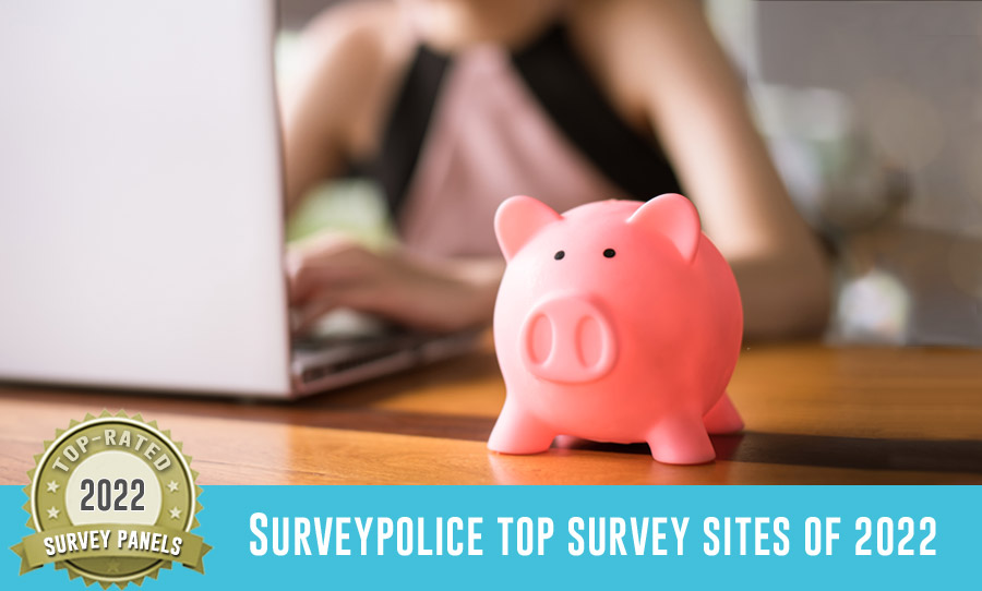 Top Survey Sites of 2022 - piggy bank with woman on laptop in background