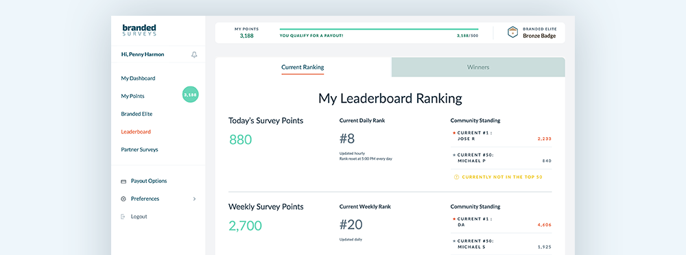 Branded Surveys elite leaderboard